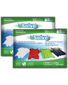USolve™ Laundry Detergent Strips - In Plastic-Free Packaging  - 2 x 50 Loads  - Fragrance Free (2-PACK Total 100 Loads)